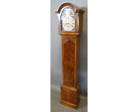 A 20th Century Walnut Longcase Clock, the engraved brass dial with silvered chapter ring with Arabic and Roman numerals and t