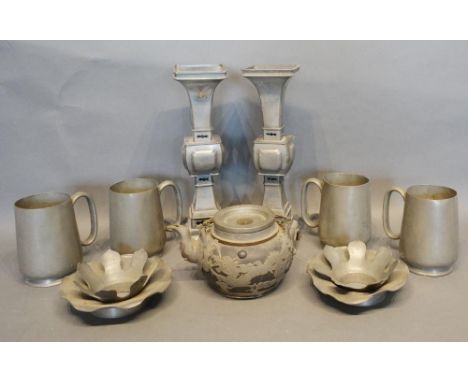 A Pair of Chinese Pewter Vases, together with four Chinese pewter mugs, a pair of candle stands and a teapot 