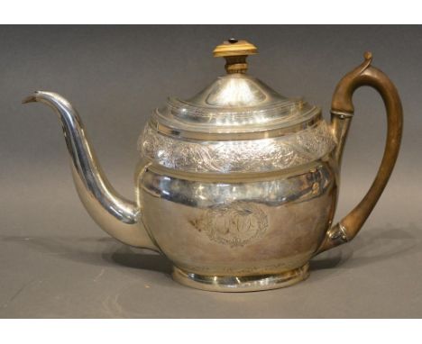 A George III Silver Teapot With Engraved Decoration and with shaped handle, London 1802, makers mark AF, 16oz 