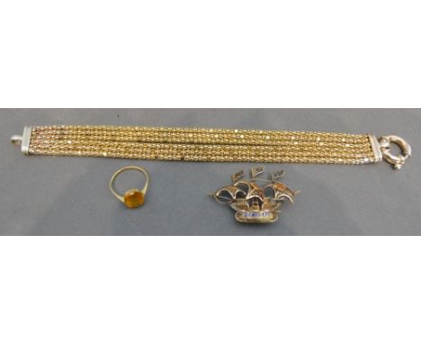 A 925 Silver Four Strand Bracelet, together with a 9 carat gold dress ring and a brooch 