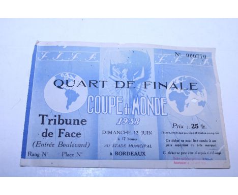 A 1938 Bordeaux Football World Cup quarter final ticket missing stub Brazil vs Czechoslovakia (ticket originally printed for 