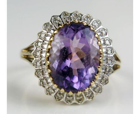 A 9ct Gold, Amethyst and Diamond Ring, 19x16.8mm head, size R, CCM mark, 4.93g