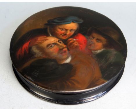 A 19th century Stobwasser style circular lacquered snuff box, the lid decorated with the 'Flemish Doctor', 10.5cm diameter. 