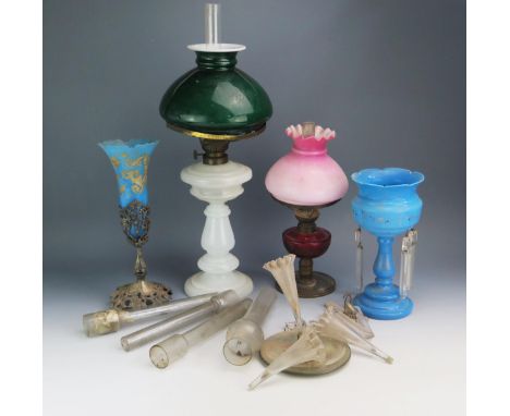 Two opaque and coloured glass oil lamps, incomplete epergne, and two blue glass vases, a/f. 