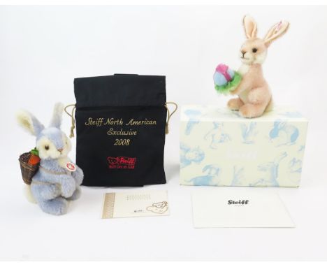 Steiff Bunny Pair North American Exclusive Limited Editions (1) Mr. Hopkins in sky-blue and white carrying basket of carrots 