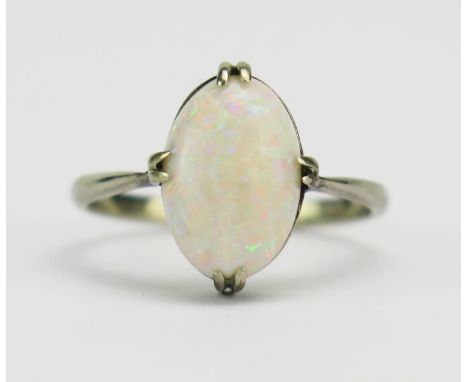 A Precious White Metal and Opal Dress Ring, size K.75, 10.9x7mm stone, probably 9ct white gold, 2g 