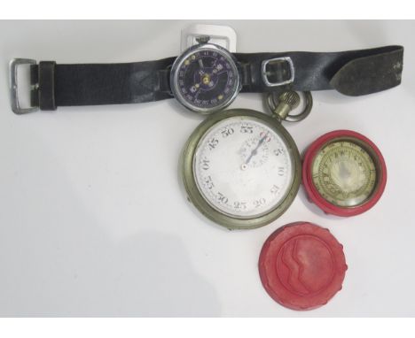A replica World War II period Japanese officers wrist compass, a small hand held compass and an Air Ministry steel cased stop