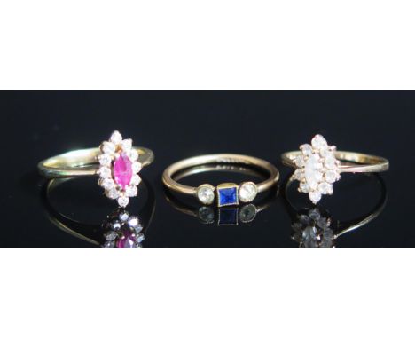 A 9ct Gold, Ruby and Diamond Ring (size L.75, import marks, 2.76g), a 9ct gold and CZ cluster ring (sizeL.75, 1.78g) and a ro