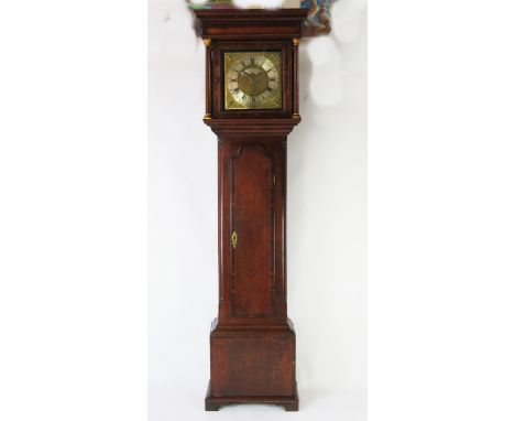 Adam Costen, Kirkham, an oak and crossbanded longcase clock, the hood with moulded cornice and turned pillars, the trunk with
