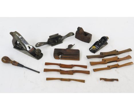 Collection of Woodworking tools including spoke shaves, Stanley No. 80 Scraper Plane, Stanley No. 3, Block Plane, etc. 