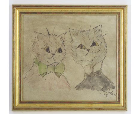 Louis Wain portrait of two dressed cats, pen and watercolour, signed lower right, 26 x 24cm, F &amp; G 