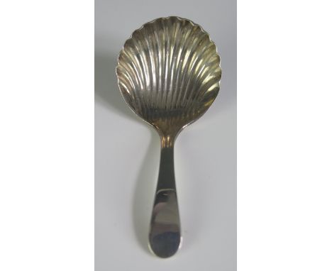 A George III silver Old English pattern caddy spoon, maker JH, London, 1783, with shell-shaped bowl, 8cm long, 11gms, 0.36ozs
