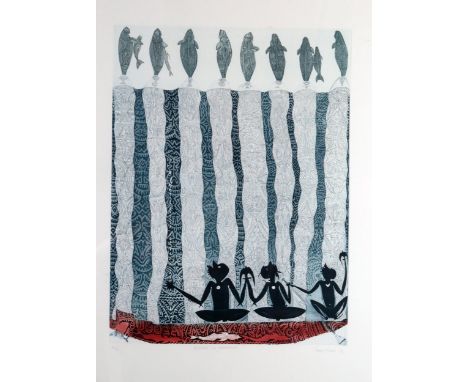 Dennis Nona (b.1973) Australian Aboriginal artist, 'GUATH AU DHANGALAL', limited edition coloured highly detailed linocut pri