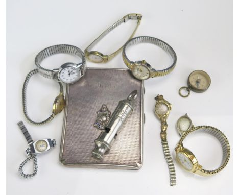 A Selection of Wristwatches, The Emca City Whistle, compass fob and a cigarette case 