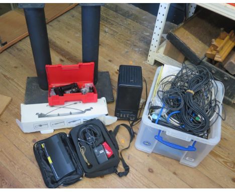 Audio Equipment Group including Yamaha MS20S Speaker, Toa Wireless Microphone and Tuner, box of cables including Van Damme, s