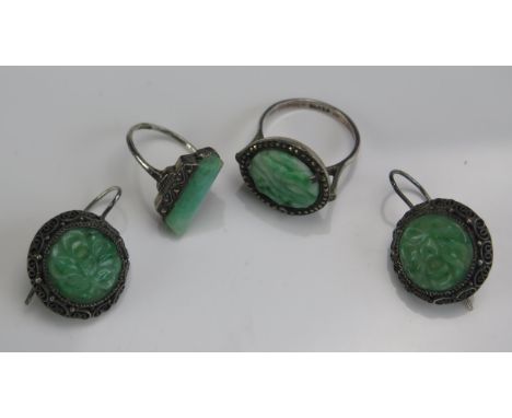 A Pair of Chinese Silver and Carved Jadeite Earrings (14.5mm diam.) and two silver jadeite and marcasite ring 