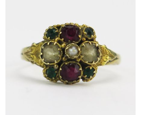 A Victorian 12ct Gold and Paste Cluster Ring with chased foliate decoration to the shoulders, 9.75mm head, Birmingham 1871, J