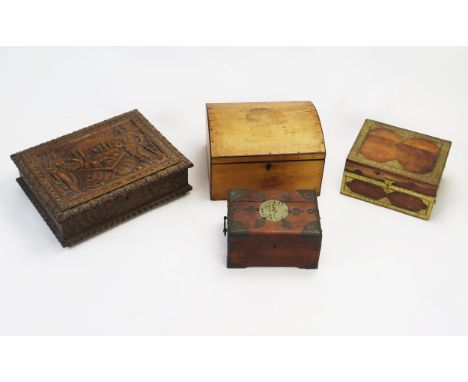 A satin wood domed box, 31cm wide, a Chinese hardwood and jade inset box, 23cm wide, and two other boxes. (4) 