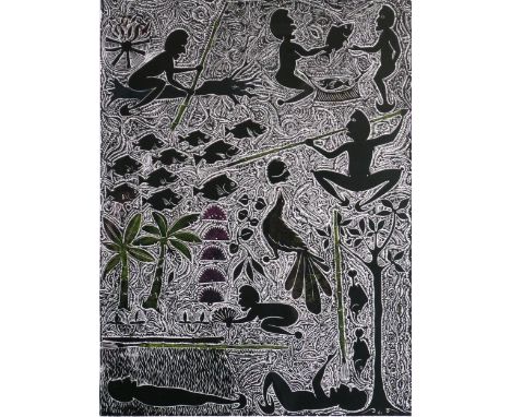 Dennis Nona (b.1973) Australian Aboriginal artist, 'PUWA PUUN', limited edition, highly detailed coloured linocut print , bli