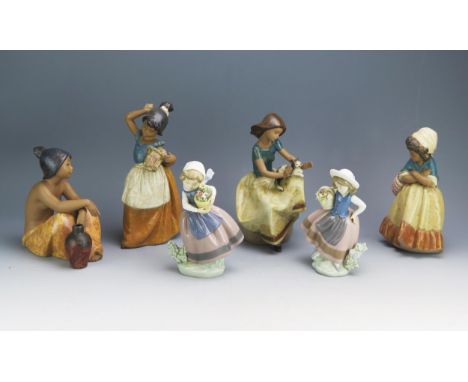 Four assorted Nao porcelain figurines and two Lladro flower girls, (6). 
