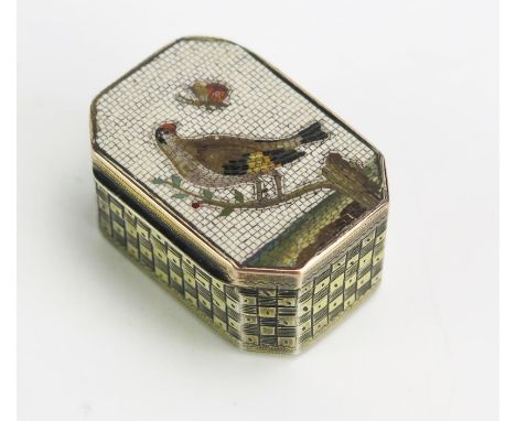 A George III silver gilt and micromosaic decorated patch box, maker TH?, London, 1802, of rectangular outline with canted cor