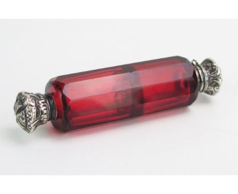 A late Victorian ruby glass double ended scent bottle, 10cm long. 