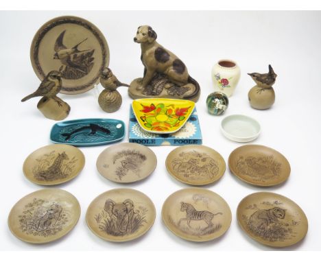 A collection of Poole pottery animal figure, animal decorated plates, and other ceramics 