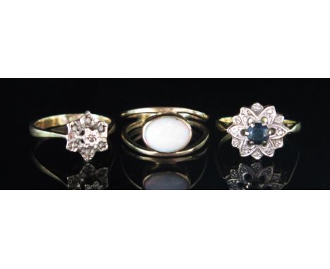 A Precious Yellow Metal, Sapphire and Diamond Cluster Ring (size L.5, KEE tests as 14ct, 4.3g) a 9ct gold and diamond cluster