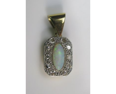 An Opal and Diamond Pendant in a precious yellow metal setting, 19.8mm drop, KEE tests as 14ct, 1.73g.  UNLESS OTHERWISES STA