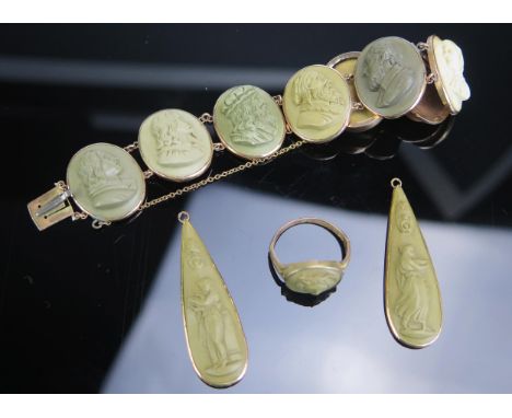 A 19th Century Lava Cameo Bracelet, Ring and Pair of Drops in precious yellow metal, the bracelet decorated with famous male 