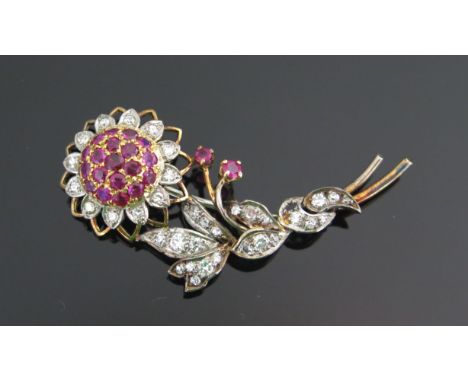 A Ruby and Old Cut Diamond Flower Brooch on a precious yellow and white metal setting, 50.6mm, 7.84g 