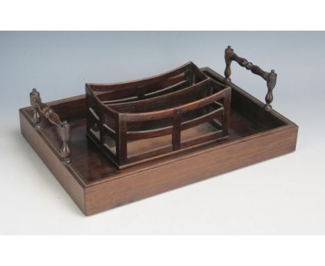 A 19th century rosewood and pewter strung serving tray, with solid sides and ring turned loop handles, 31cm long, together wi