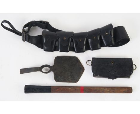 A British army entrenching tool,  a black leather cross belt pouch, and an ammunition belt. 