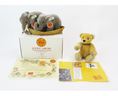 Steiff White Tag Limited Edition Group including Elephant Pair in Boat EAN 038303, boxed and The William Shakespeare Bear wit