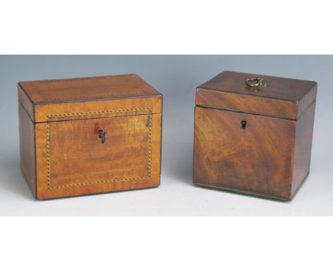 A 19th century mahogany and chequer strung tea caddy, 14cm wide, together with another square mahogany tea caddy, 11.5cm, wid