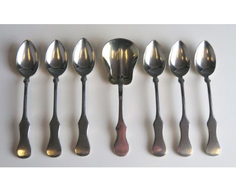 A set of six continental silver coffee spoons, stamped marks with hour glass shaped handles together with a near matching Rus