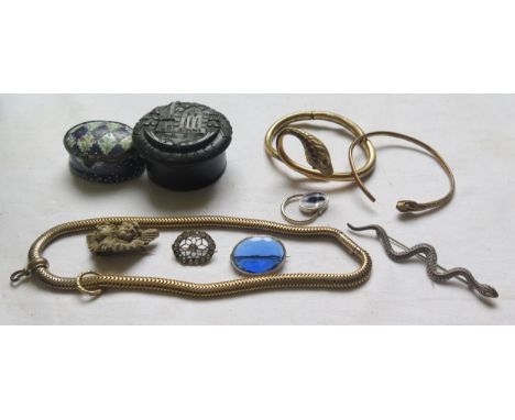 A Selection of Costume Jewellery including an antique snake link chain and a small jump ring, hinged jadeite bangle, silver s