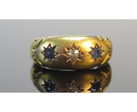 A Victorian 15ct Gold, Sapphire and Diamond Gypsy Ring, size J.5, Chester 1900, 2.83g 