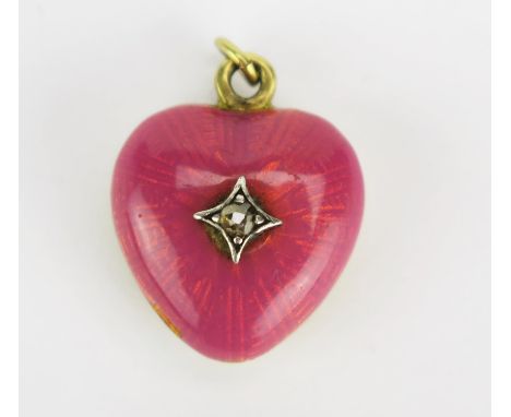 An Antique Precious Yellow Metal and Pink Guilloché Enamel Locket Back Pendant set with an old cut diamond, KEE tests as 15ct