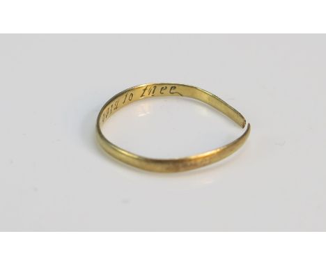 An Antique Precious Yellow Metal Posy Ring engraved "Ci vertue be a guide to thee", KEE tests as 18ct, .72g. Shank split.  UN