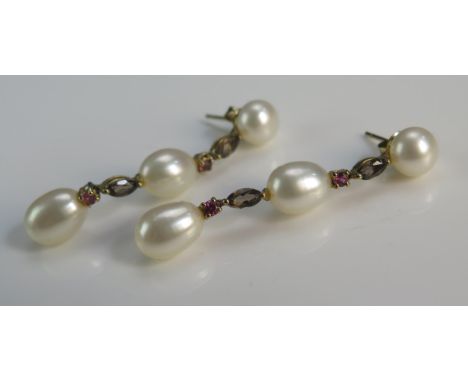 A Pair of 9K Gold, Cultured Pearl, Smoky Quartz and Ruby or Pink Tourmaline Pendant Earrings, 52mm drop, stamped 9K, 8.07g