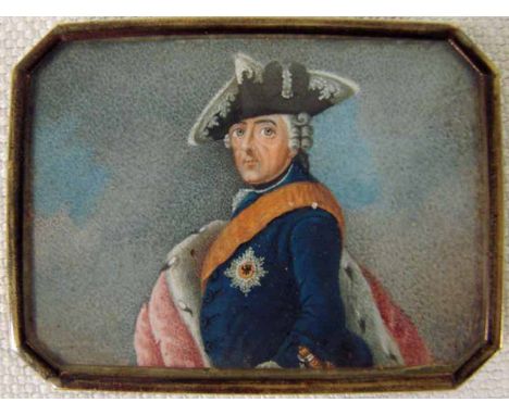 A 19th century portrait miniature depicting Frederick the Great of Prussia, wearing blue uniform, orange sash and bicorn hat,