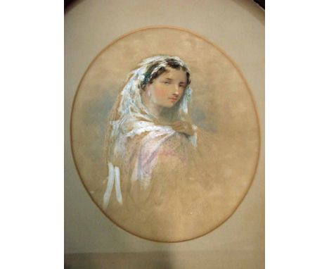 Ada. V. Hobson, Portrait of a young woman with head dress and veil, signed watercolour and body colour, oval 30cm by 23cm 