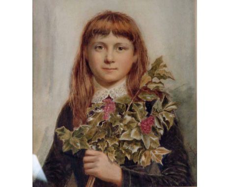 Albert William Ayling (1829-1905), Young Women Holding a Holly Branch, waist length portrait, watercolour signed A. Ayling, 5