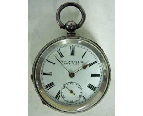 A late 19th century Swiss silver cased (0.935) open faced pocket watch, white enamel dial signed John Myers & Co Ltd, Roman n