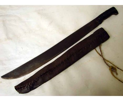 A Central American machete, plastic hilt, 55cm blade, worn leather scabbard, stamped Made in El Salvador 