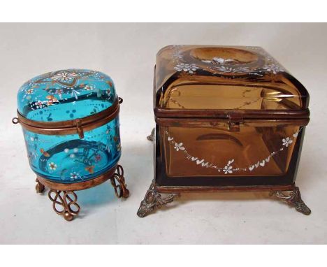 A 19th century blue glass trinket box of lidded cylindrical form, gilt metal mounted with four wire work and ball feet, decor
