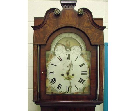 A 19th century longcase clock, the eight day movement striking a a bell, painted arch top face with rolling moonphase, calend