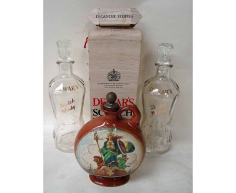 A Royal Doulton Dewars Whisky moon flask, No 181, transfer printed with a depiction of Britannia to front, Dewars Whisky insc