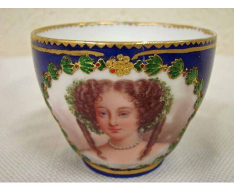 A Sevres continental cabinet cup, cobalt blue, painted with a bust portrait of Hortence Mancini Duchess Mazarin, within a rai